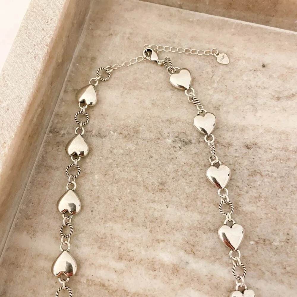 925 Sterling Silver Chunky Heart Necklace Heart Link Necklace Choker Necklace - Picture 4 of 5